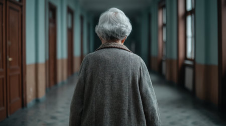 An elderly woman walks down a serene corridor, captured from the back. The setting evokes feelings of reflection and nostalgia in a peaceful environment.の素材