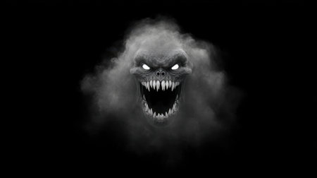 This chilling image captures a dark phantom's face emerging from swirling fog, featuring piercing eyes and jagged teeth that evoke a sense of terror and foreboding.の素材