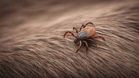 This close-up image captures a tick on soft fur, highlighting the intricate details of its body, legs, and the surrounding fur for educational and scientific purposes.の素材