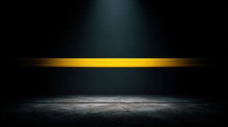 A captivating spotlight shines down on a smooth surface, where a vibrant yellow strip creates a striking contrast against the dark background, evoking a sense of drama.の素材