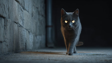 A captivating gray cat with striking glowing eyes makes its way through a dimly lit alley, evoking a sense of mystery and intrigue in an urban setting.の素材