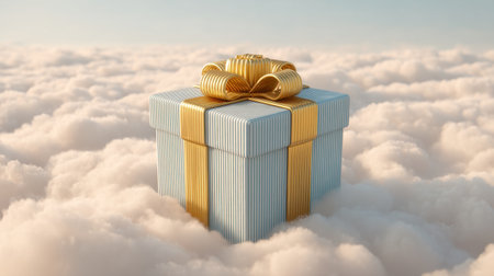 A gift box with a golden ribbon rests on fluffy clouds, set against a serene blue sky. This dreamy scene evokes feelings of joy, celebration, and imagination.の素材