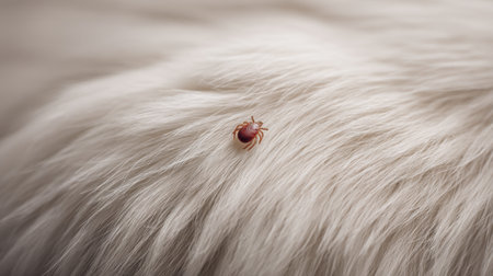 A detailed close-up view featuring a tick on the fine fur of a light-colored pet, highlighting the importance of awareness and preventive measures against pests.の素材