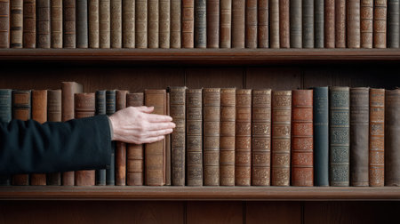 A hand reaches for a vintage book on a wooden shelf filled with antique literature, creating a warm and inviting atmosphere of knowledge and nostalgia.の素材