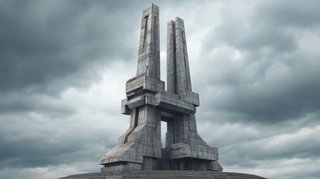 This striking concrete monument stands tall against a dramatic stormy sky, symbolizing resilience and strength while showcasing unique architectural design amidst nature.の素材