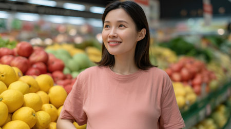 A joyful woman stands in a grocery store, surrounded by colorful fruits and vegetables, celebrating healthy living and the joy of shopping for nutritious options.の素材