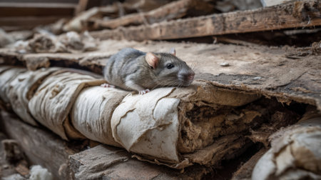 This captivating photograph captures a brown rat resting on a weathered stack of textiles, showcasing the gritty charm of urban wildlife and natural textures.の素材