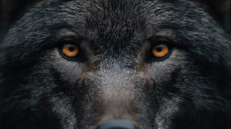This stunning close-up image showcases the intense gaze of a dark-colored wolf, emphasizing its striking amber eyes and detailed fur. Perfect for nature enthusiasts.の素材