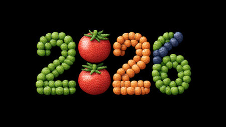 This vibrant image features a creative arrangement of fresh produce forming the numbers 2026, showcasing tomatoes, oranges, and greens against a dark background.の素材