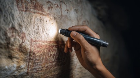 A hand holds a flashlight, revealing ancient cave paintings on a rock wall. The light enhances the historic symbols, showcasing humanity's early artistic expression.の素材