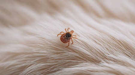 A macro shot of a tick on soft animal fur, illustrating the intricate details of this common pest. This image emphasizes the importance of pest control for animal health.の素材