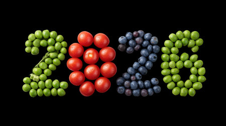 An artistic display of fresh fruits and vegetables forming the numbers 2026, providing a vibrant and healthy representation ideal for celebrations and food events.の素材