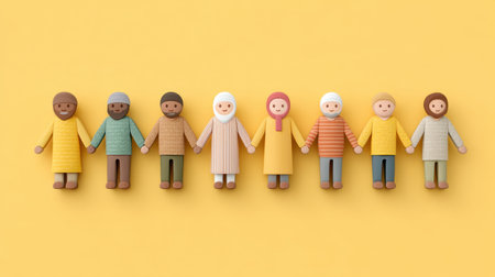 A vibrant illustration showcasing a diverse group of cartoon characters holding hands against a bright yellow background, symbolizing unity and inclusion in society.の素材