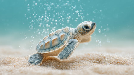 A charming baby sea turtle glides through the soft sand of the ocean floor, surrounded by rising bubbles, capturing the essence of marine life in a peaceful setting.の素材