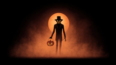 A mysterious figure stands in darkness, holding a pumpkin, with a glowing full moon in the background. The fog creates an eerie Halloween atmosphere, igniting imagination.の素材
