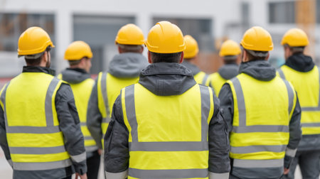 A team of construction workers in bright yellow vests and helmets walking together on a construction site, exemplifying commitment to safety and teamwork.の素材