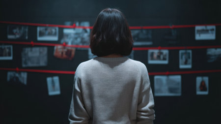 A woman stands with her back toward the camera, analyzing a wall filled with photographs connected by red strings, evoking themes of mystery and reflection in a dimly lit space.の素材