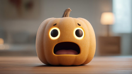 This adorable pumpkin features a scared expression with big eyes and an open mouth, perfect for capturing the essence of Halloween and fall festivities.の素材
