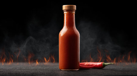A striking image of a bottle filled with spicy red sauce. Surrounded by smoke and flames, this composition highlights the heat and flavor, perfect for culinary projects.の素材
