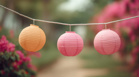 Three colorful paper lanterns hang gracefully on a string, surrounded by vibrant blossoms, creating a cheerful atmosphere in a serene outdoor garden setting.の素材