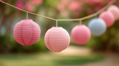 Delightful scene of vibrant paper lanterns hanging in a sunny garden, ideal for festive occasions or outdoor gatherings. Perfect for creating a cheerful atmosphere.の素材