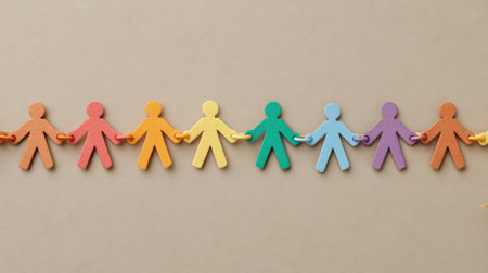 This image features colorful paper cutouts of diverse figures holding hands, symbolizing unity and friendship. The neutral background highlights their cheerful design.の素材