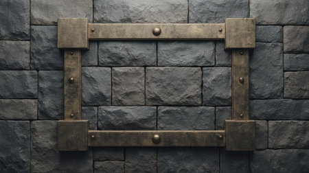 A striking metal frame mounted on a textured stone wall, offering a unique visual that enhances rustic design and architectural concepts for modern projects.の素材