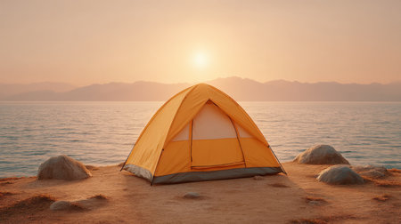 A stunning landscape showcasing a yellow tent beside calm waters at sunset. This image captures the peace and beauty of nature, perfect for outdoor enthusiasts.の素材