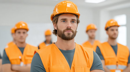 Group of construction workers in bright safety gear stands in a well-lit workspace, showcasing teamwork and dedication in the building and construction industry.の素材