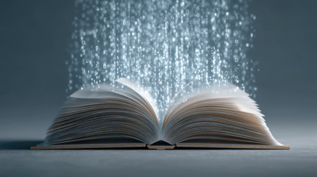 An open book releases shimmering binary code, symbolizing the intersection of traditional knowledge and modern technology. A captivating visual for themes of education and innovation.の素材