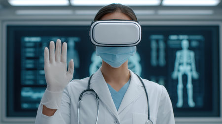 A female doctor interacts in a high-tech hospital setting wearing a VR headset, utilizing advanced technology for medical education and patient simulation.の素材