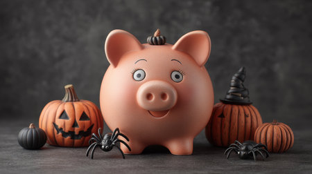 This charming piggy bank, adorned for Halloween, stands among playful pumpkins and spiders, evoking a festive atmosphere perfect for autumn savings and joy.の素材
