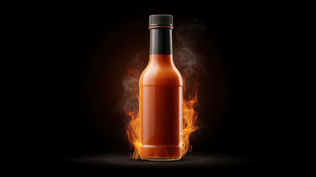 Capture the essence of heat with this visually striking image of a hot sauce bottle engulfed in flames, perfect for promoting spicy culinary delights and recipes.の素材