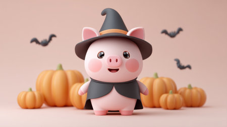 This charming cartoon pig in a witch hat and cape stands joyfully among pumpkins and bats, creating a whimsical Halloween scene suitable for festive designs.の素材