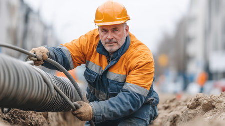 A focused construction worker in safety gear lays pipe in an excavation site on a busy urban street, showcasing dedication and professionalism during a workday.の素材