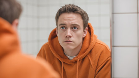 A young man dressed in an orange hoodie is gazing thoughtfully into a mirror in a bathroom, capturing a moment of self-reflection and emotional depth.の素材