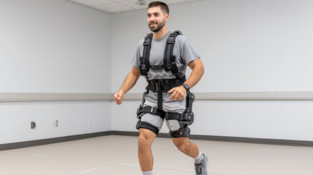 A young man is demonstrating the use of a wearable exoskeleton suit in a clinical environment, emphasizing advancements in rehabilitation and movement assistance technology.の素材