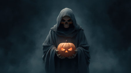 A cloaked figure with a skull mask holds a carved pumpkin glowing menacingly. The foggy dark background adds to the eerie atmosphere, perfect for Halloween-themed projects.の素材