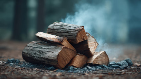 A visually striking image showcasing a stack of firewood logs emitting smoke, set in a tranquil forest environment. Perfect for outdoor and adventure themes.の素材
