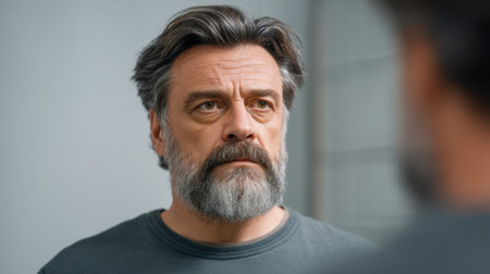 A contemplative middle-aged man with a grey beard stands before a mirror, his serious gaze reflecting deep thoughts and personal growth in soft natural light.の素材