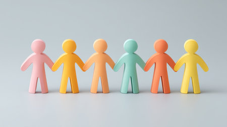 Colorful figures in various shades stand together on a smooth surface, depicting unity and diversity. This playful scene embodies creativity and connection among individuals.の素材