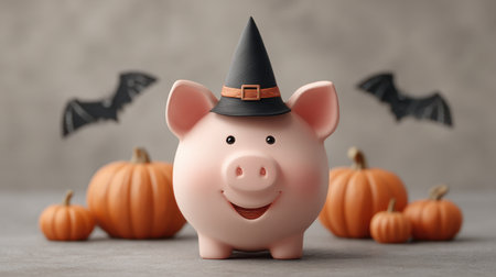 This delightful image features a smiling piggy bank adorned with a witch hat, surrounded by pumpkins and bats, capturing the joy and charm of Halloween festivities.の素材