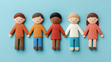 This image features a diverse group of five cartoon characters holding hands, showcasing friendship and unity. The playful design on a light blue background emphasizes inclusivity.の素材