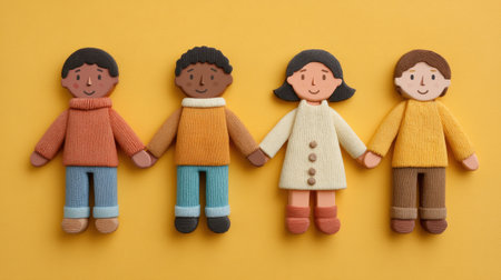 Handcrafted dolls representing diversity and friendship sit hand in hand on a vibrant yellow background. Ideal for creatives seeking playful illustrations and cheerful designs.の素材