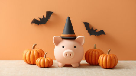 A charming pink piggy bank dons a witch hat and sits among miniature pumpkins on an orange backdrop, capturing the essence of Halloween festivities for smart saving.の素材