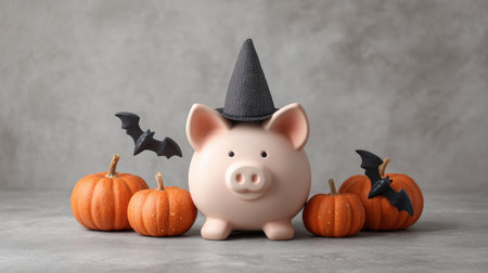 A delightful Halloween scene featuring a cheerful piggy bank wearing a witch hat, surrounded by vibrant pumpkins and playful bats, highlighting seasonal savings charm.の素材