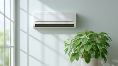A modern air conditioner is mounted on a pastel wall, accompanied by a lush green potted plant. The scene captures a stylish and comfortable indoor environment illuminated by natural light.の素材
