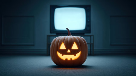 A glowing Jack-o'-Lantern sits in a dimly lit room, creating a spooky yet cheerful atmosphere, perfect for Halloween celebrations and festive decor ideas.の素材