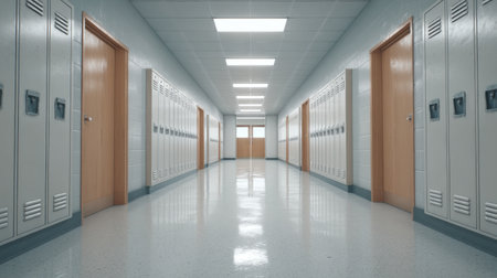 This image captures a bright and spacious school corridor featuring lockers and wooden doors, perfect for illustrating themes of education, learning, and community.の素材