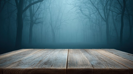 This atmospheric image features a misty forest with dark, barren trees shrouded in fog. A wooden table surface in the foreground invites customization or text overlay.の素材